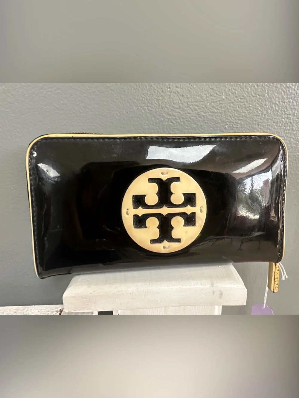 Tory Burch Black Patent Zip Wallet with Gold Logo